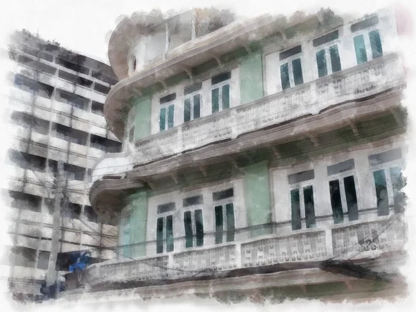 Bangkok 'ta Avrupa mimarisinin antik binaları suluboya resim çizimi izlenimcisi.