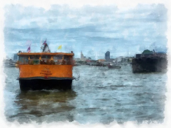 Ferries Rio Chao Phraya Bangkok Tailândia Aquarela Estilo Ilustração Impressionista — Fotografia de Stock