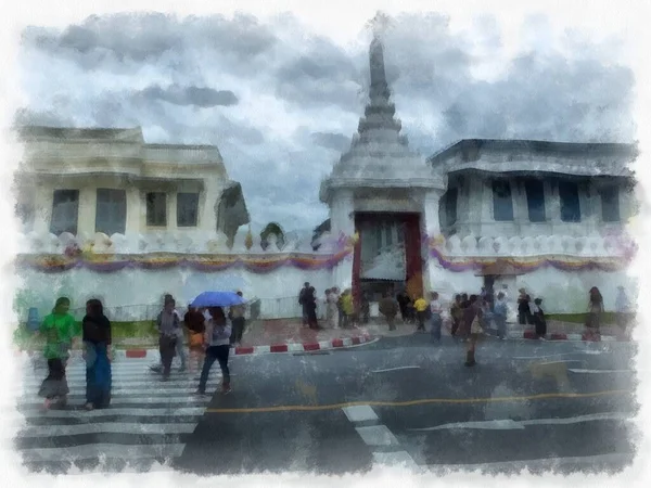 Büyük Saray manzarası Wat Phra Kaew Bangkok Tayland suluboya resim ressamı.
