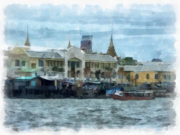 Paisagem Rio Chao Phraya Bangkok Tailândia Aquarela Estilo Ilustração Impressionista — Fotografia de Stock