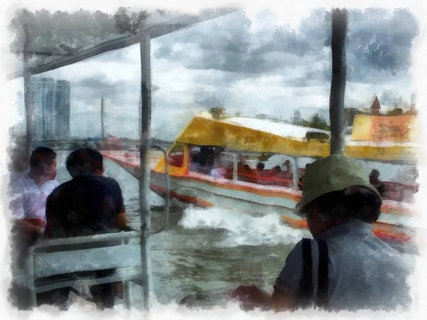 Ferries Chao Phraya River Bangkok Thailand Watercolor Style Illustration Impressionist — Photo