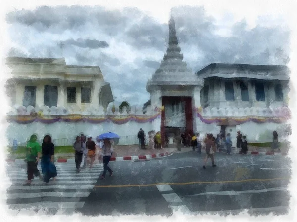 Büyük Saray manzarası Wat Phra Kaew Bangkok Tayland suluboya resim ressamı.