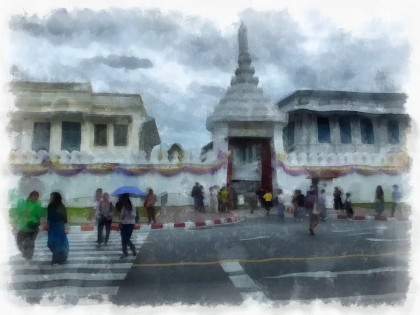 Büyük Saray manzarası Wat Phra Kaew Bangkok Tayland suluboya resim ressamı.