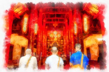 Kuzey Tayland 'daki antik tapınakların mimari peyzajı suluboya stili illüstrasyon ressamı.