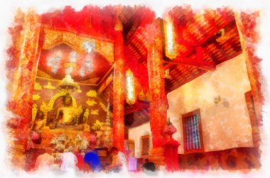 Kuzey Tayland 'daki antik tapınakların mimari peyzajı suluboya stili illüstrasyon ressamı.