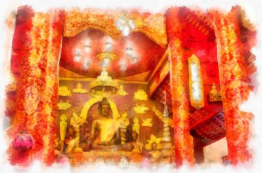 Kuzey Tayland 'daki antik tapınakların mimari peyzajı suluboya stili illüstrasyon ressamı.