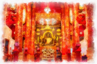 Kuzey Tayland 'daki antik tapınakların mimari peyzajı suluboya stili illüstrasyon ressamı.