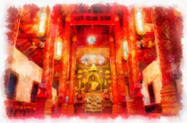 Kuzey Tayland 'daki antik tapınakların mimari peyzajı suluboya stili illüstrasyon ressamı.