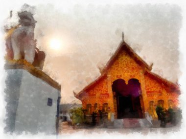 Kuzey Tayland 'daki antik tapınakların mimari peyzajı suluboya stili illüstrasyon ressamı.