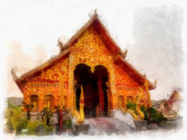 Kuzey Tayland 'daki antik tapınakların mimari peyzajı suluboya stili illüstrasyon ressamı.