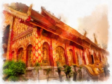 Kuzey Tayland 'daki antik tapınakların mimari peyzajı suluboya stili illüstrasyon ressamı.