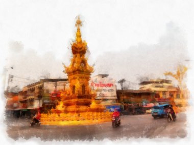 Chiang Rai Tayland 'ın ortasındaki saat kulesinin peyzajı suluboya resim ressamı.