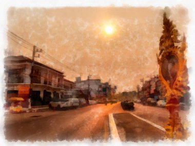 Chiang Rai Tayland 'ın ortasındaki saat kulesinin peyzajı suluboya resim ressamı.