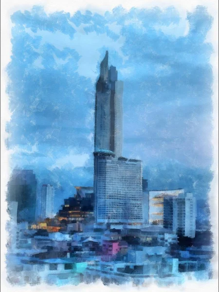 Krajobraz Ulic Budynków Bangkoku Akwarela Styl Ilustracji Impresjonistyczne Malarstwo — Zdjęcie stockowe