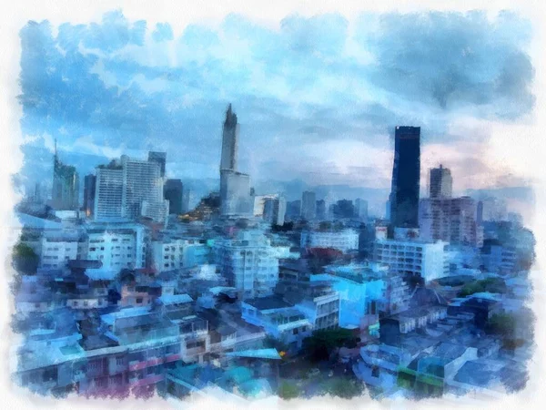 Paesaggio Strade Edifici Bangkok Città Acquerello Stile Illustrazione Impressionista Pittura — Foto Stock