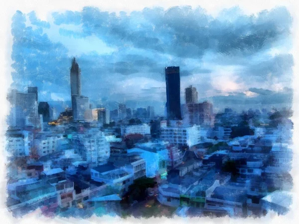 曼谷城市街道和建筑物景观水彩画风格图解 — 图库照片