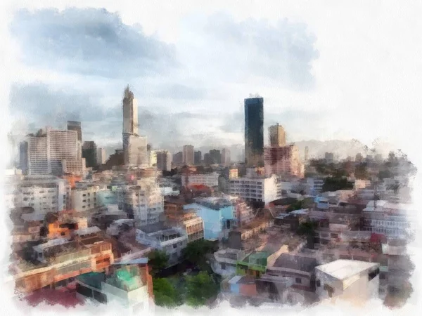 Landscape Streets Buildings Bangkok City Watercolor Style Illustration Impressionist Painting —  Fotos de Stock