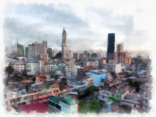 曼谷城市街道和建筑物景观水彩画风格图解 — 图库照片