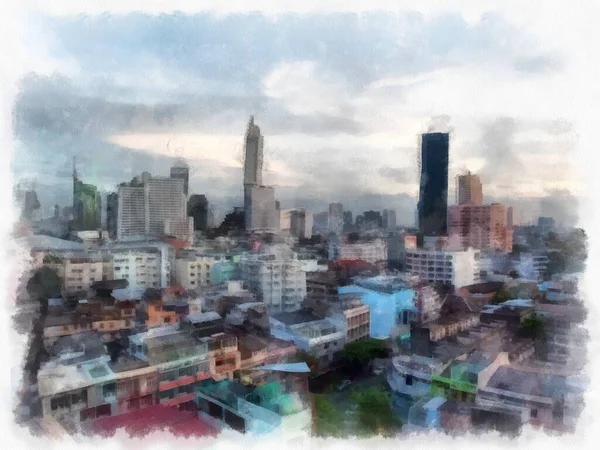 Paisagem Ruas Edifícios Bangkok Cidade Aquarela Estilo Ilustração Impressionista Pintura — Fotografia de Stock