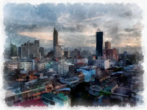 Τοπίο Των Δρόμων Και Των Κτιρίων Στην Μπανγκόκ Ζωγραφική Εικονογράφηση — Φωτογραφία Αρχείου