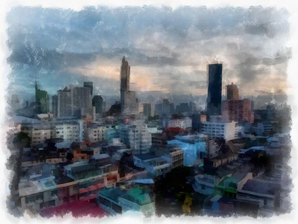 Krajobraz Ulic Budynków Bangkoku Akwarela Styl Ilustracji Impresjonistyczne Malarstwo — Zdjęcie stockowe