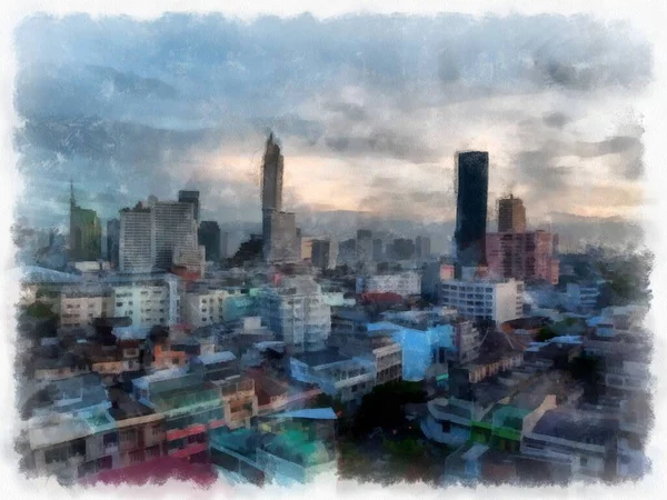 Landschaft Von Straßen Und Gebäuden Bangkok Stadt Aquarell Stil Illustration — Stockfoto