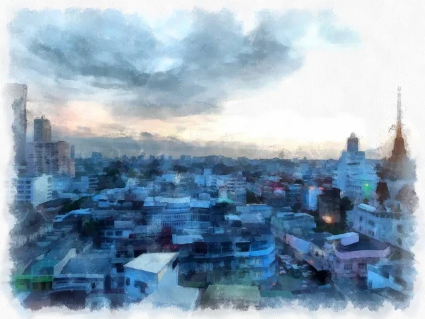 Landscape Streets Buildings Bangkok City Watercolor Style Illustration Impressionist Painting — Foto Stock