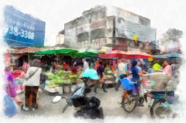 Landscape Commercial Districts Markets City Center Provinces Thailand Watercolor Style — Foto Stock