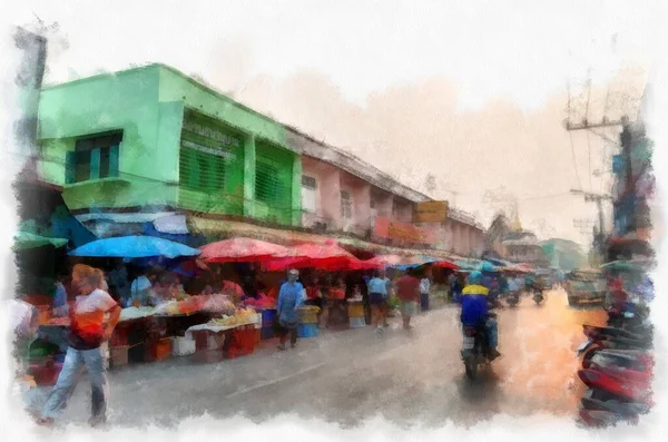 Şehir merkezinin ticari bölgelerinin ve pazarlarının manzarası Tayland suluboya stil illüstrasyon ressamı Empresyonist.