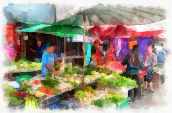 Landscape Commercial Districts Markets City Center Provinces Thailand Watercolor Style — Stock Photo, Image