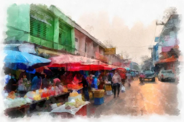 タイの地方の商業地区や市内中心部の市場の風景水彩画スタイルのイラスト印象派絵画 — ストック写真