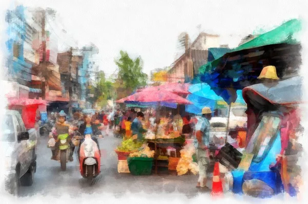 Landscape Commercial Districts Markets City Center Provinces Thailand Watercolor Style — Fotografia de Stock