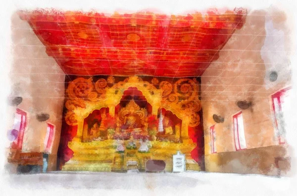 Kuzey Tayland 'daki antik tapınakların mimari peyzajı suluboya stili illüstrasyon ressamı.