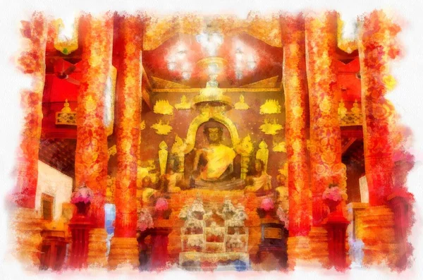 Kuzey Tayland 'daki antik tapınakların mimari peyzajı suluboya stili illüstrasyon ressamı.
