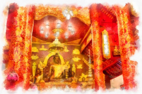 Kuzey Tayland 'daki antik tapınakların mimari peyzajı suluboya stili illüstrasyon ressamı.