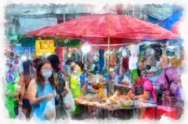 Şehir merkezinin ticari bölgelerinin ve pazarlarının manzarası Tayland suluboya stil illüstrasyon ressamı Empresyonist.