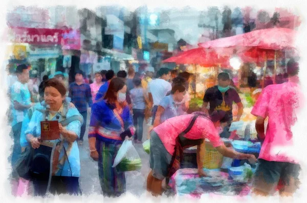 Landscape Commercial Districts Markets City Center Provinces Thailand Watercolor Style — стоковое фото