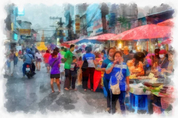 Landscape Commercial Districts Markets City Center Provinces Thailand Watercolor Style — Fotografia de Stock