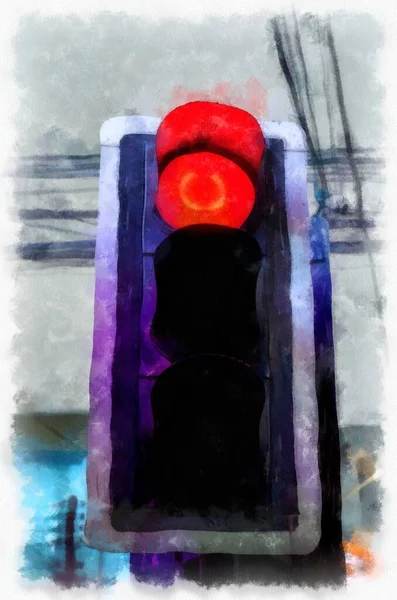 红色交通灯水彩画印象派绘画 — 图库照片