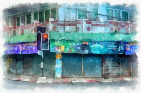 Şehir merkezinin ticari bölgelerinin ve pazarlarının manzarası Tayland suluboya stil illüstrasyon ressamı Empresyonist.