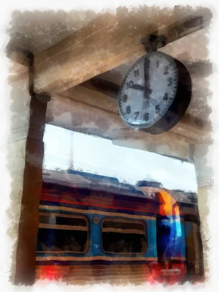 Tayland 'da demiryolu istasyonu manzarası suluboya resim çizimi.