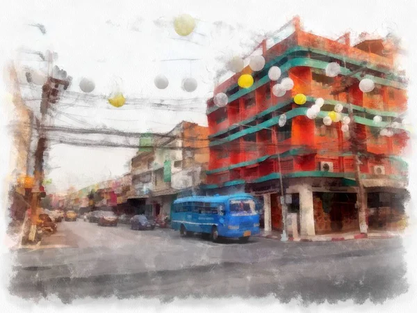 Landskap Kommersiella Distrikt Och Marknader Stadens Centrum Provinserna Thailand Akvarell — Stockfoto