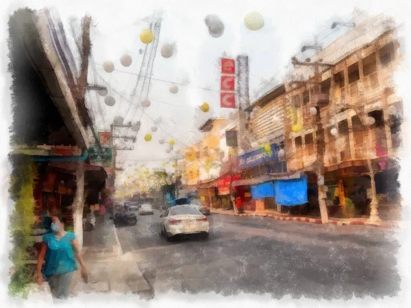 Landscape Commercial Districts Markets City Center Provinces Thailand Watercolor Style — Foto de Stock