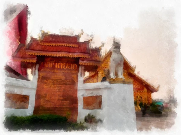 泰国北部古寺建筑景观水彩画 印象派绘画 — 图库照片