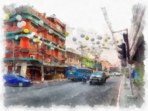 Şehir merkezinin ticari bölgelerinin ve pazarlarının manzarası Tayland suluboya stil illüstrasyon ressamı Empresyonist.