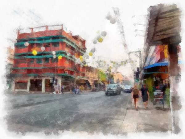 Landscape Commercial Districts Markets City Center Provinces Thailand Watercolor Style — стоковое фото