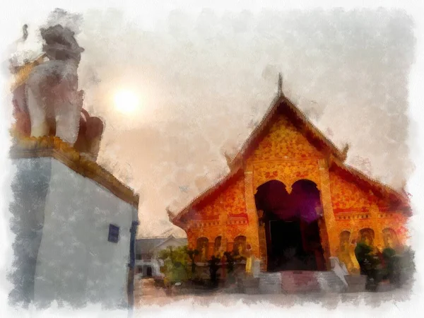 Kuzey Tayland 'daki antik tapınakların mimari peyzajı suluboya stili illüstrasyon ressamı.
