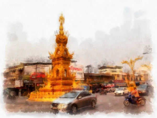 Landscape Clock Tower Middle Chiang Rai Thailand Watercolor Style Illustration — стоковое фото