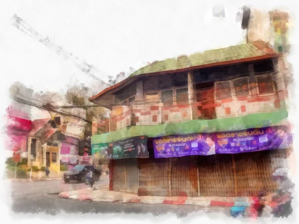Landscape Commercial Districts Markets City Center Provinces Thailand Watercolor Style —  Fotos de Stock