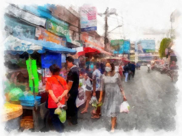 泰国各省份商业区景观与市中心市场水彩画风格图解 — 图库照片